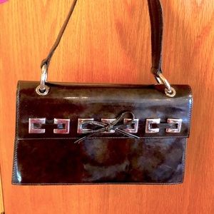 RARE VINTAGE Stuart Weitzman brown marl patent leather preppy bow handbag EUC